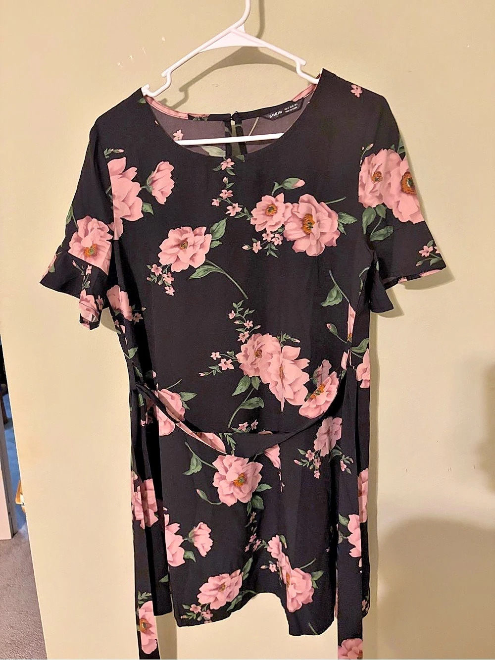 SHEIN Pink And Black Floral Print A-Line Dress Black & Pink Medium
